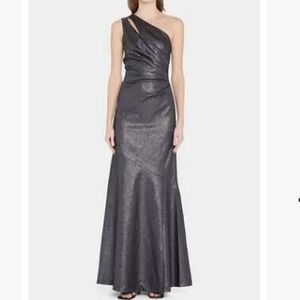 Ricki Freeman by Teri Jon Black/Silver Metallic One-Shoulder Evening Gown